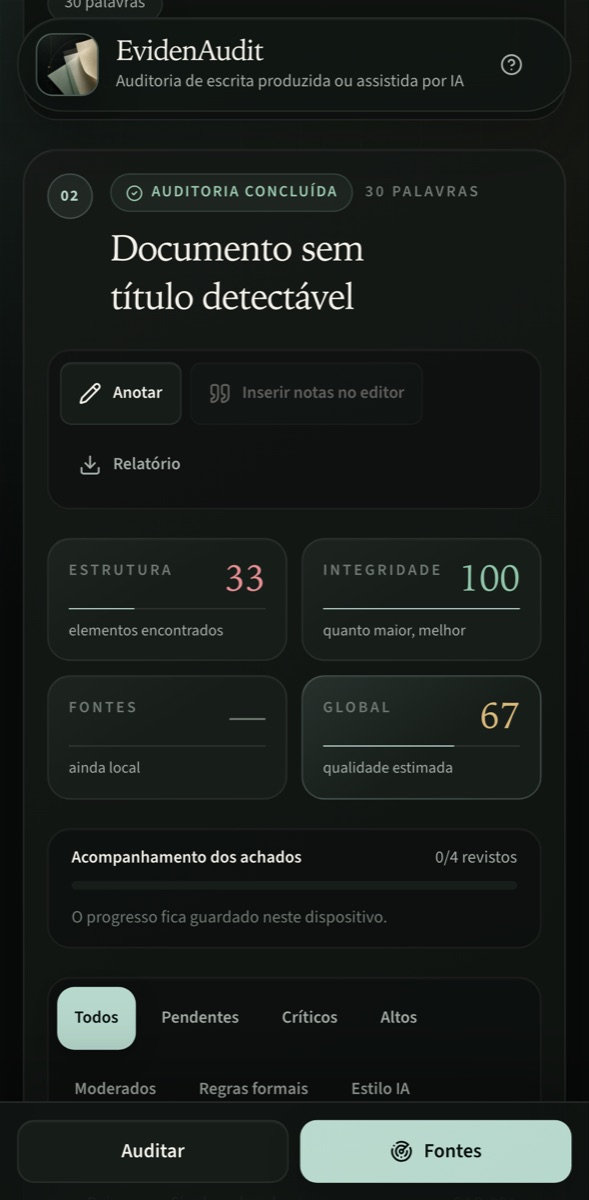 Ecrã de auditoria concluída, com os índices de estrutura, integridade e qualidade global de um documento.